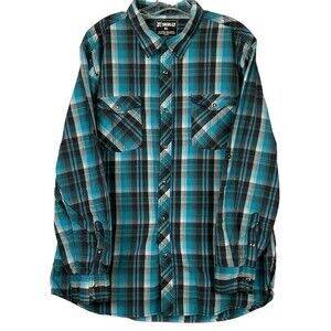 Skully Men's Rock-A-Billy Western Shirt XL Blue Plaid Snap Up W/ Roll Up Sleeves